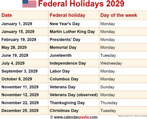 2029 Holidays .